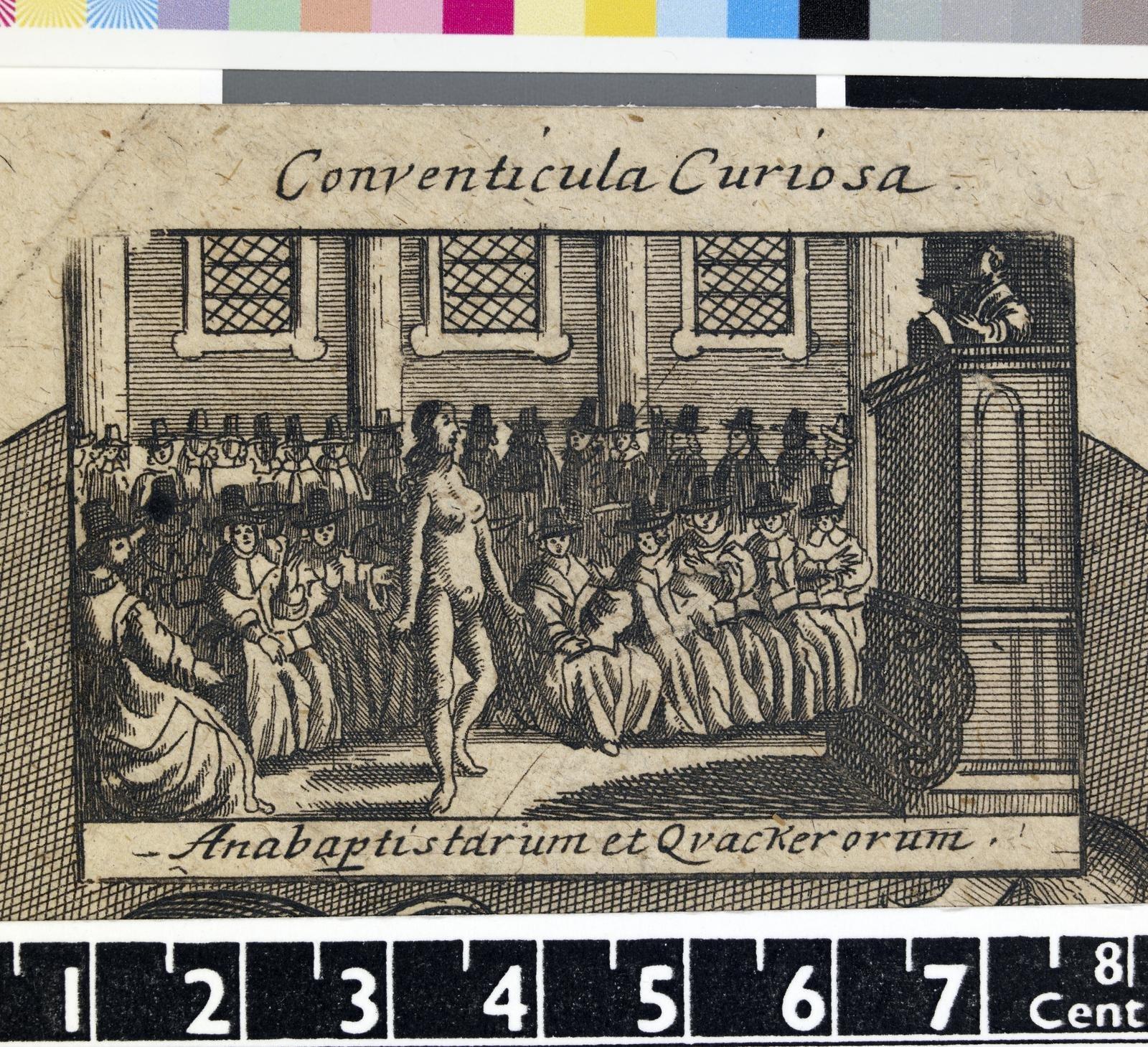 Gravura de 1661 com o retrato de Thomas Venner, de armadura e capacete, segurando uma alabarda e um livro