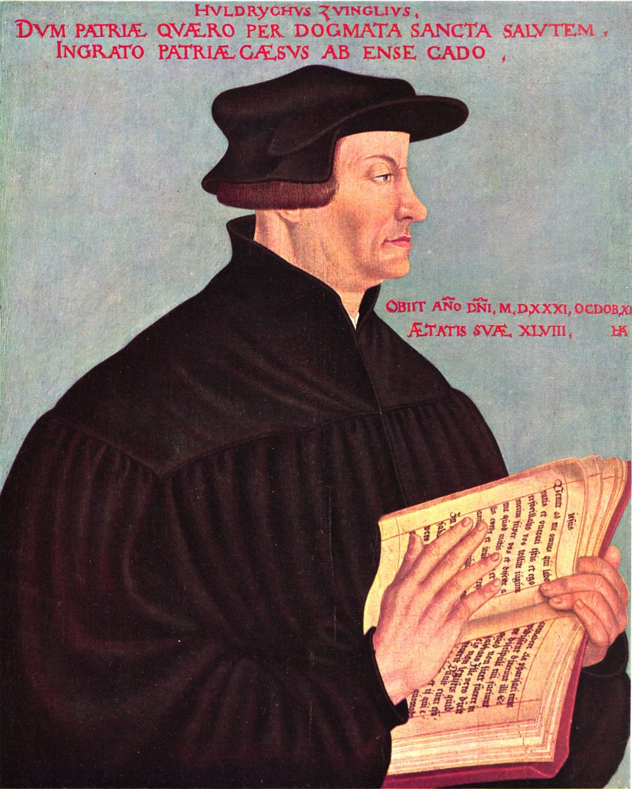 Retrato de Ulrich Zwingli, de perfil, com barrete preto e túnica escura, pintado em 1549
