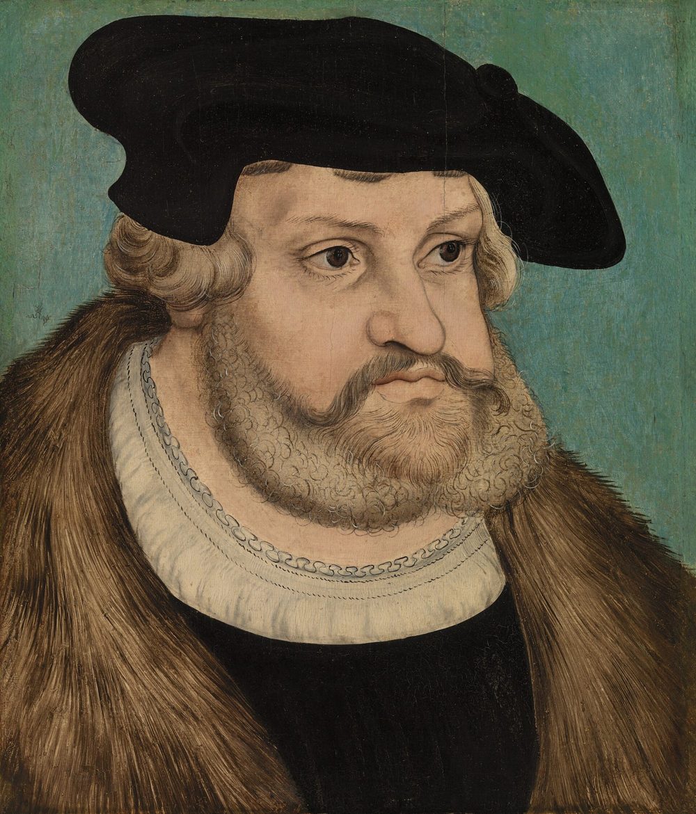 Retrato de Frederico, o Sábio, príncipe eleitor da Saxônia, de perfil, com barba e chapéu escuro