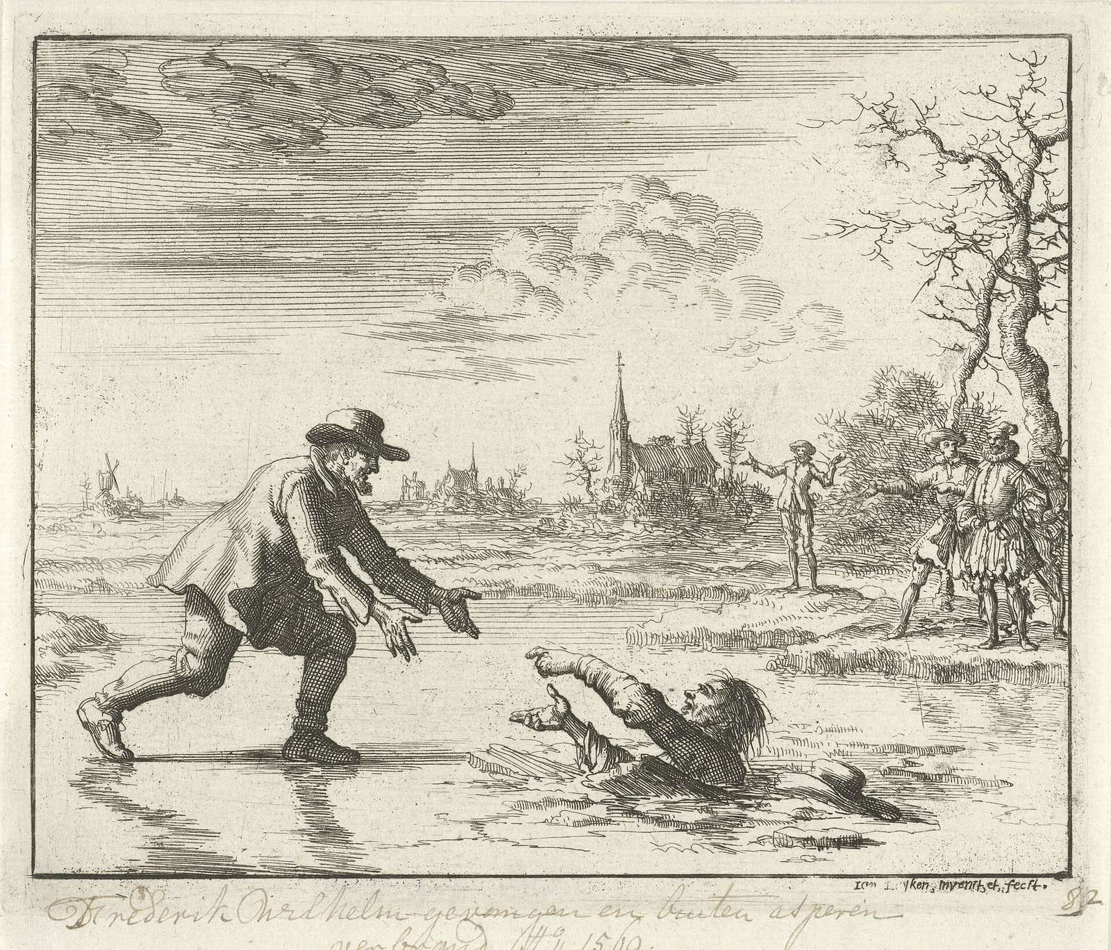Gravura de Dirk Willems, anabatista preso, voltando ao gelo quebrado para salvar o guarda que o perseguia