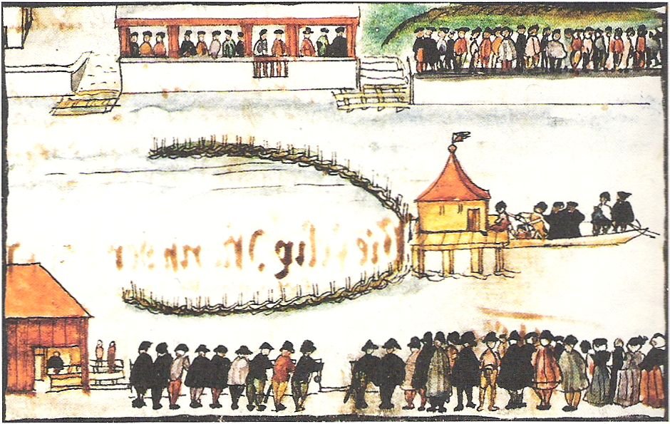 Ilustração colorida de uma execução no rio Limmat: Felix Manz amarrado numa balsa, sendo lançado às águas diante de espectadores
