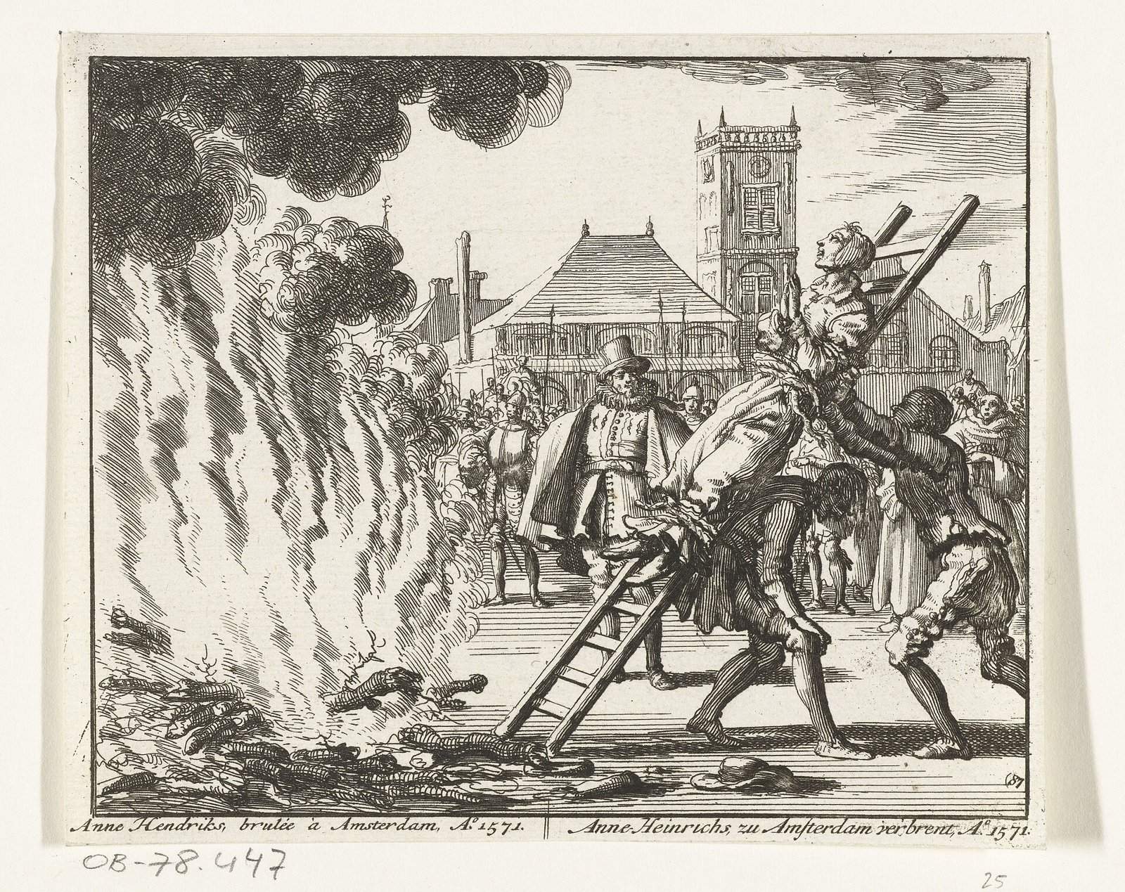 Gravura de Jan Luyken com cenas da perseguição aos anabatistas, entre elas uma mulher anabatista amarrada a uma escada em Amsterdã