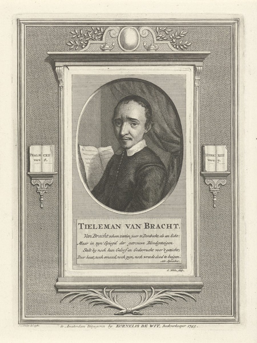 Retrato gravado de Thieleman J. van Braght, compilador de O Espelho dos Mártires, em moldura oval com legenda em holandês