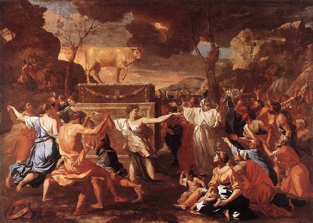 Pintura de Poussin com o povo de Israel dançando e adorando o bezerro de ouro ao pé da montanha