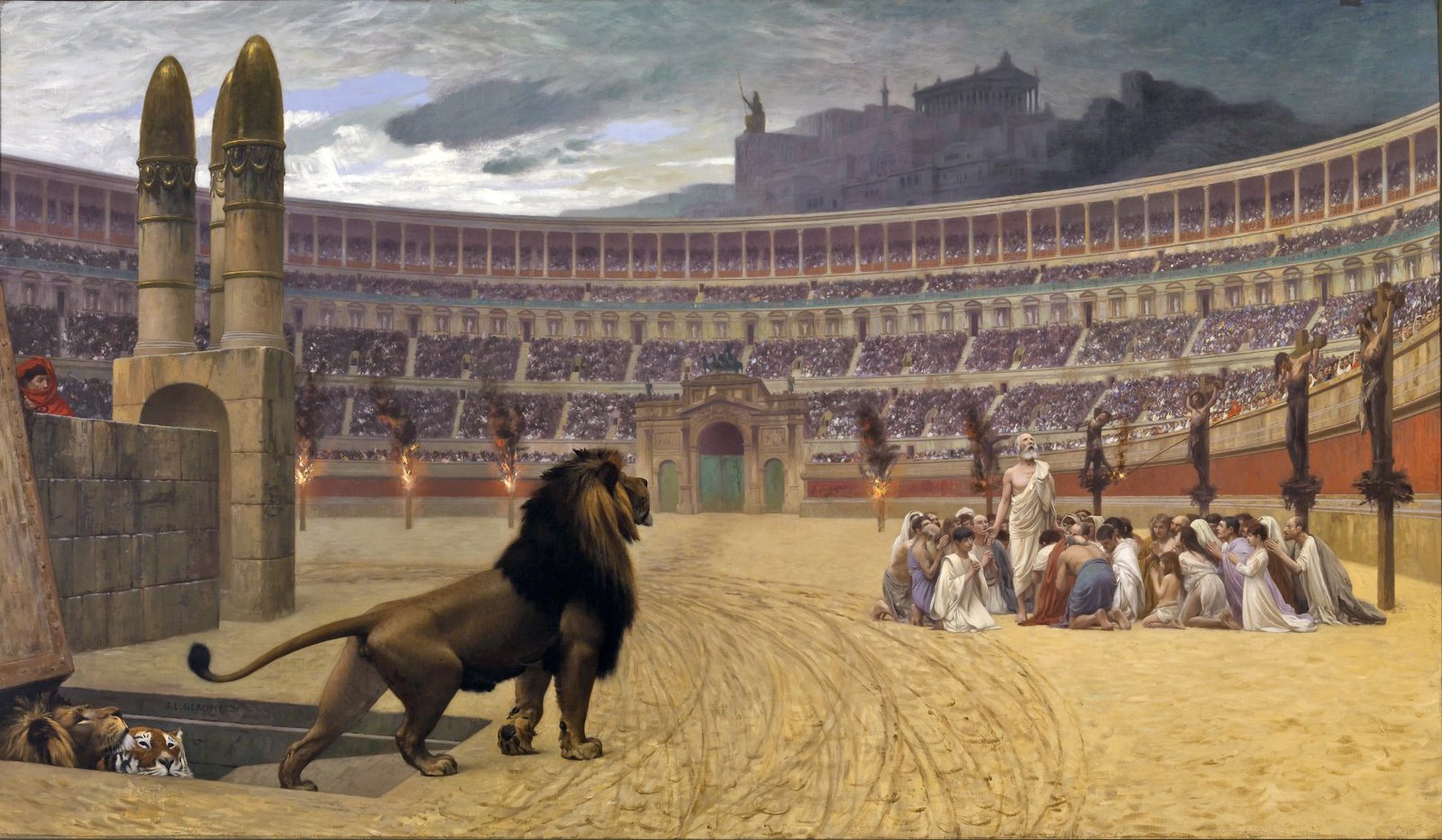 Cristãos ajoelhados na arena romana, rezando, enquanto leões se aproximam e a multidão assiste das arquibancadas