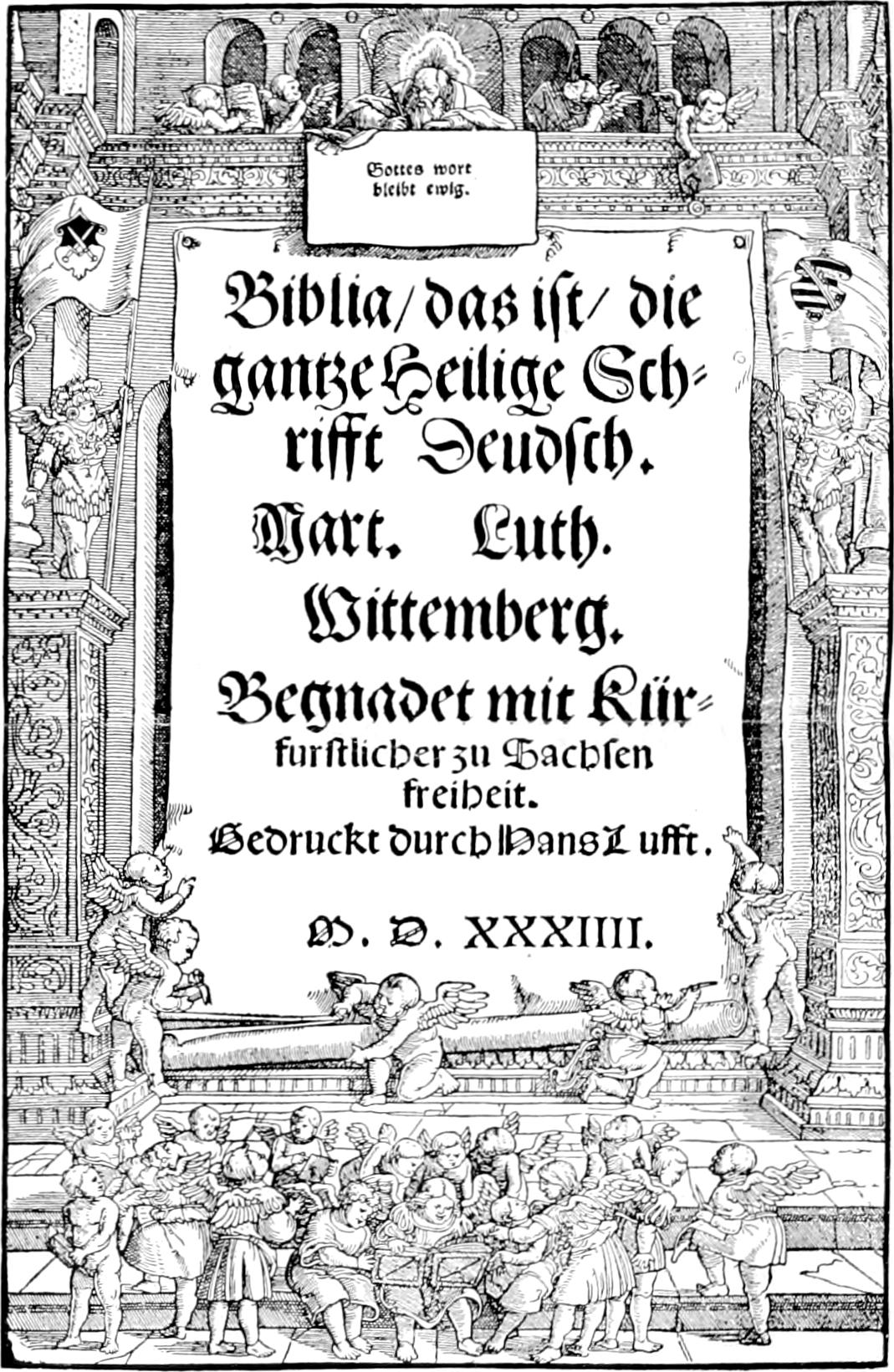 Folha de rosto da primeira edição da Bíblia completa de Lutero em alemão, impressa em Wittenberg em 1534
