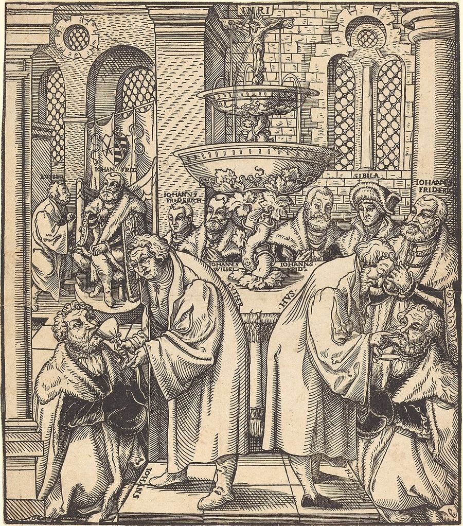Xilogravura em que Jan Hus e Martinho Lutero distribuem a comunhão aos príncipes da casa da Saxônia