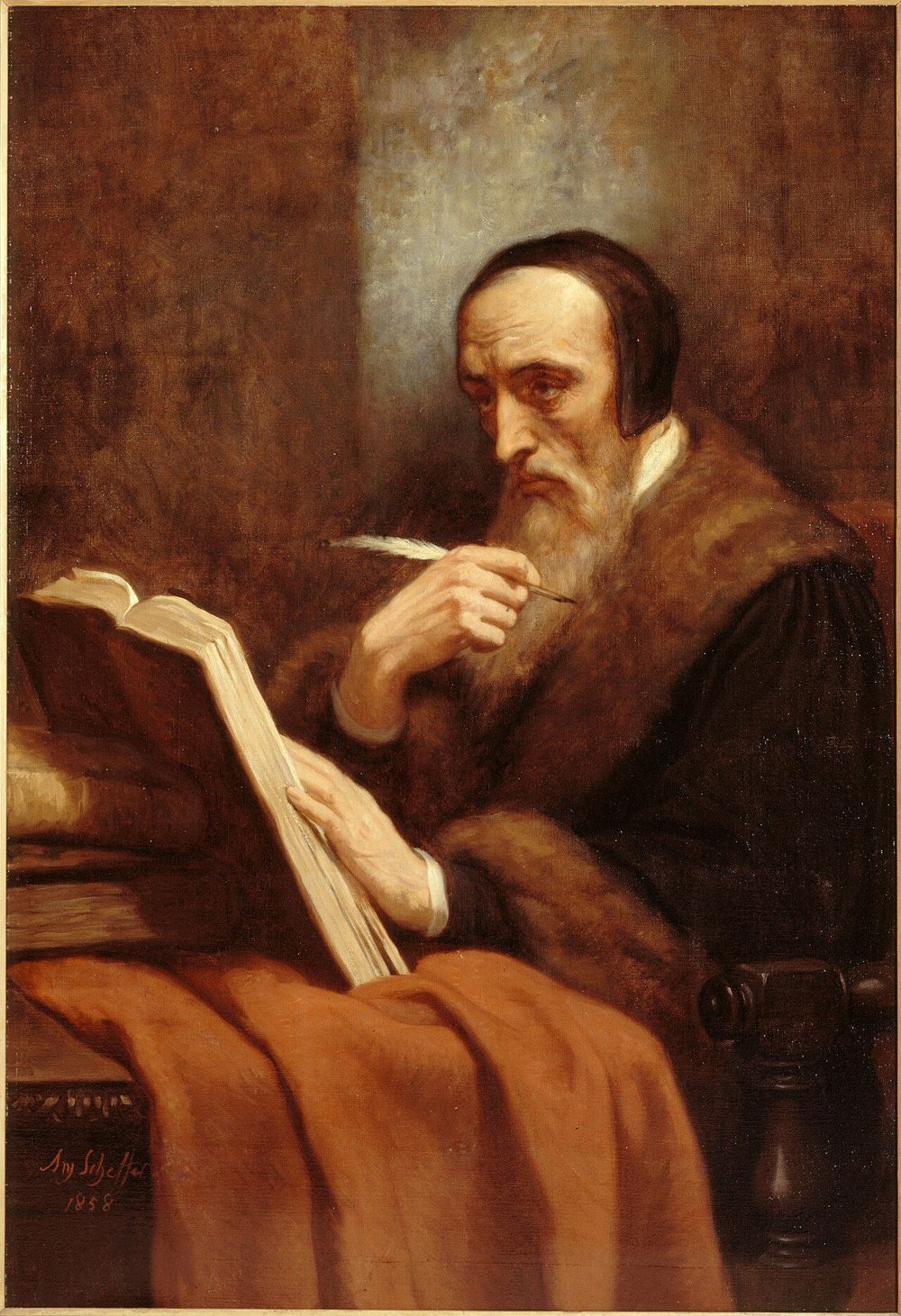 Pintura de João Calvino sentado à mesa de estudo, com a pena na mão e um grande livro aberto à sua frente