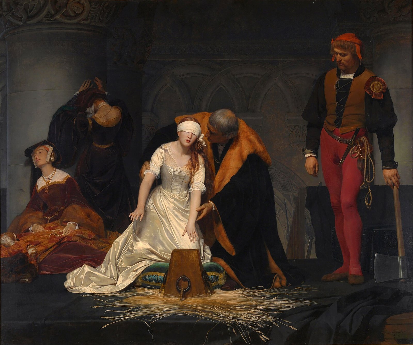 Pintura da execução de Lady Jane Grey: a jovem de vestido branco, de olhos vendados, tateia o cepo, ao lado do carrasco e de suas damas em lágrimas