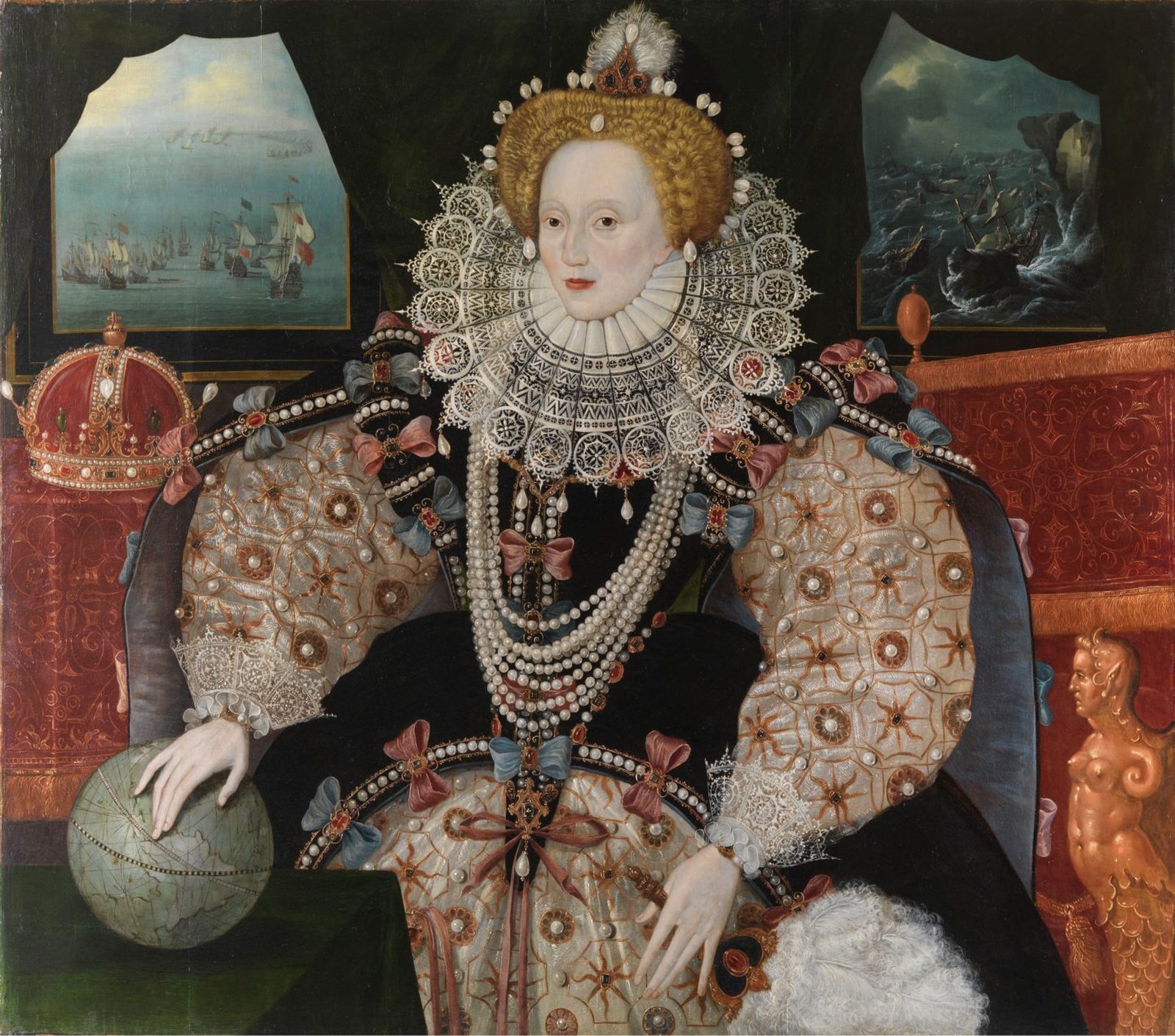 Retrato de Isabel I da Inglaterra, de vestido ricamente bordado, com a esquadra naval ao fundo