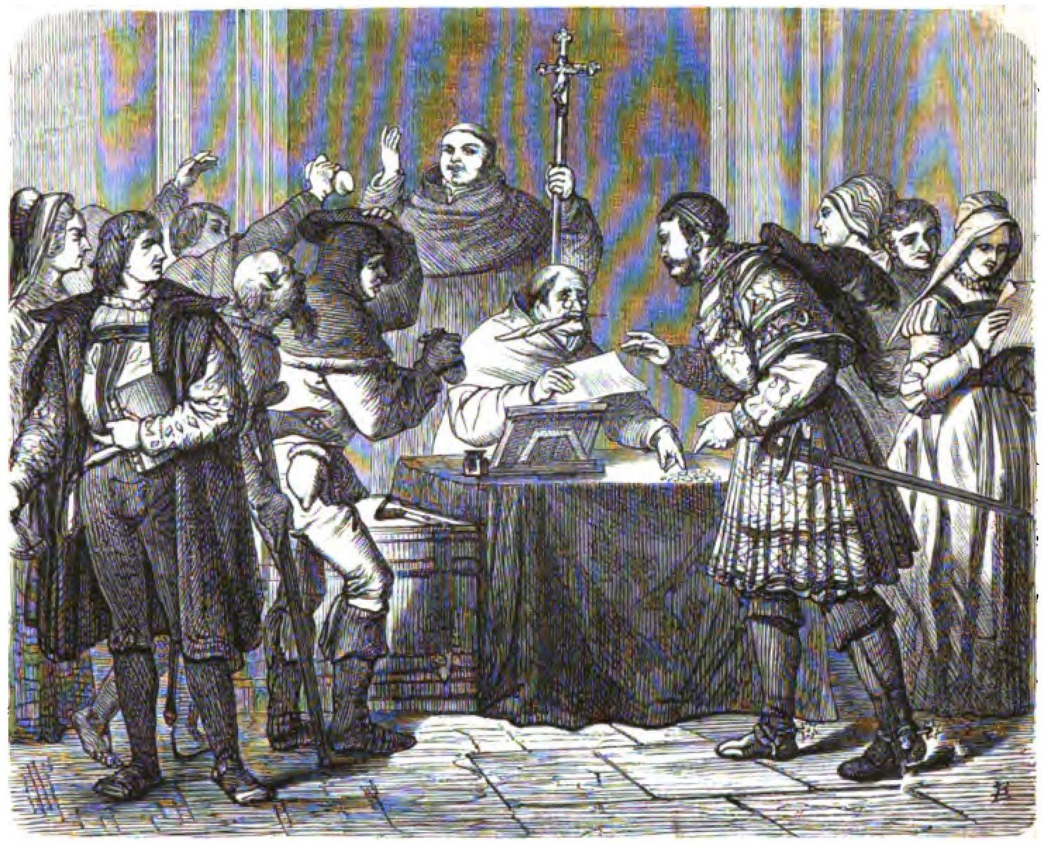 Ilustração do frade Johann Tetzel vendendo indulgências a uma multidão diante de uma igreja