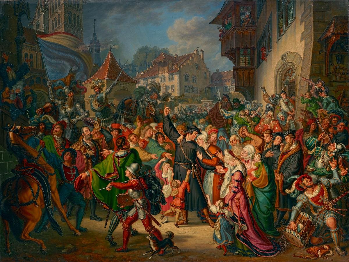 Pintura de Zwinglio despedindo-se da família antes de partir para a batalha de Kappel
