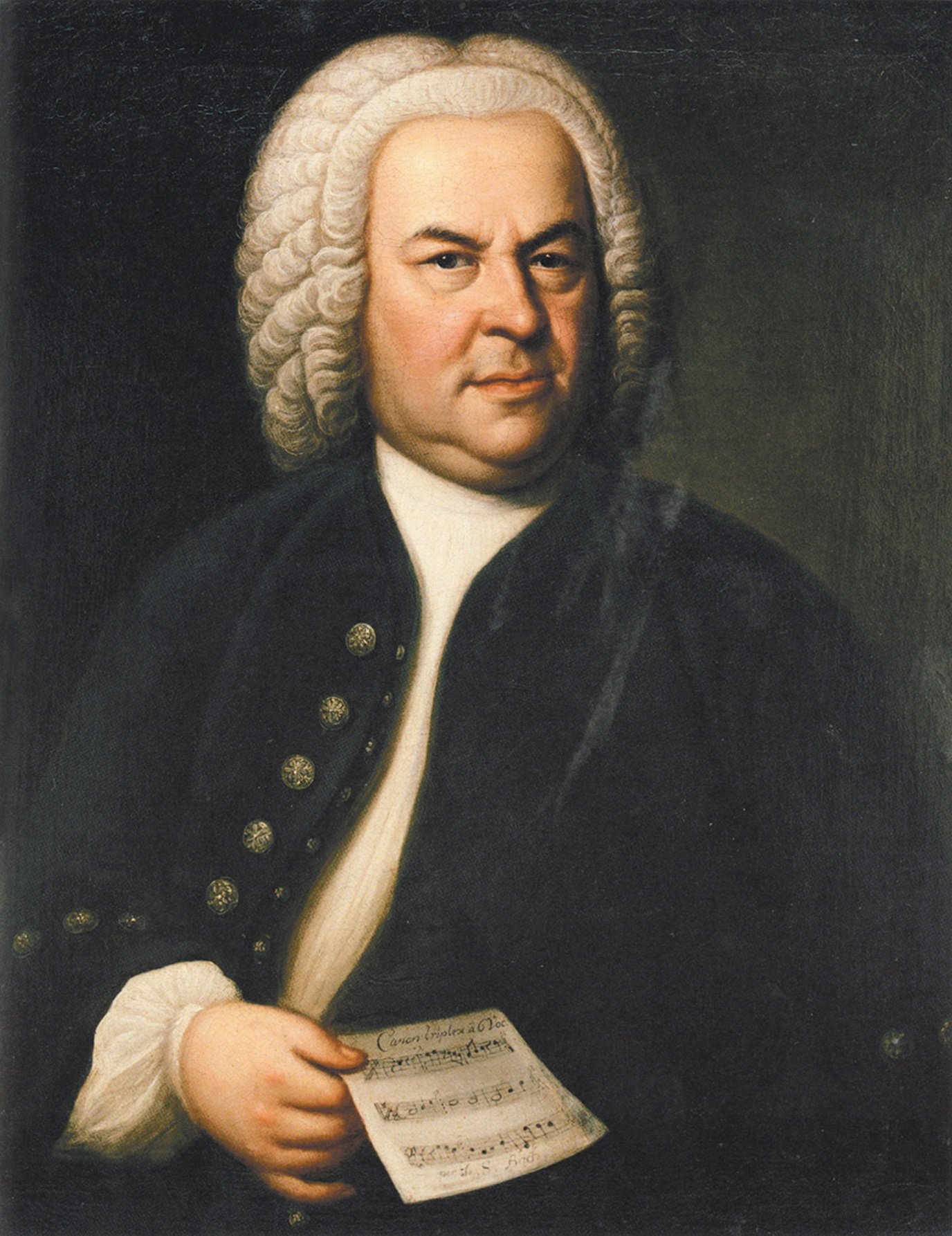 Retrato de Johann Sebastian Bach segurando uma partitura, vestido com peruca e casaco azul