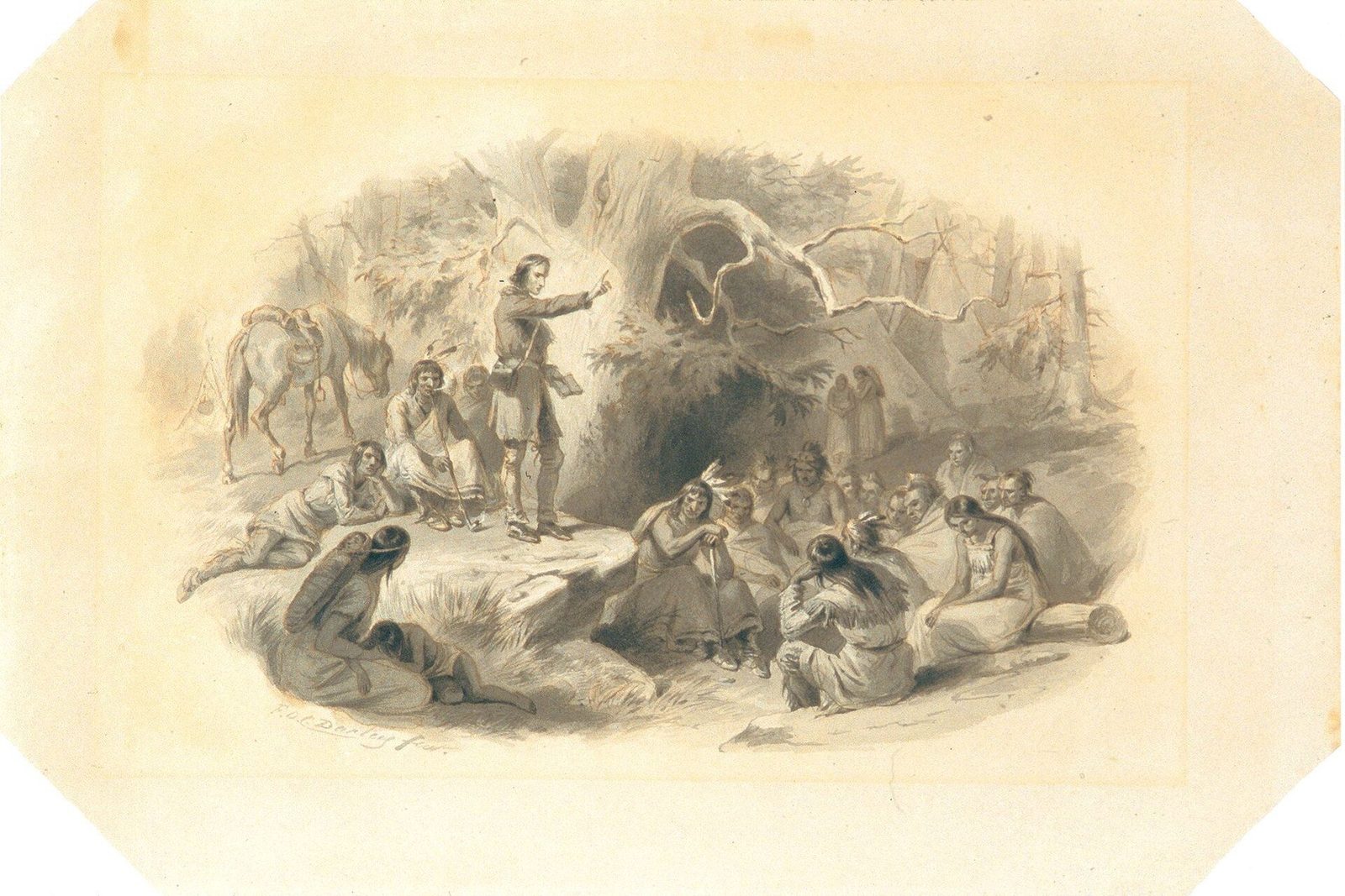 Desenho de John Eliot pregando aos indígenas da Nova Inglaterra, em meio à floresta