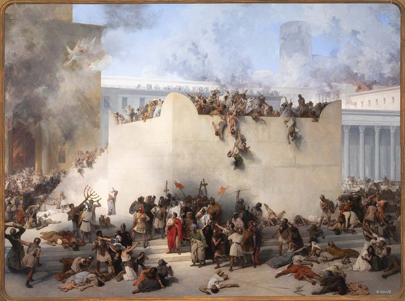 Pintura do Templo de Jerusalém em chamas, com soldados romanos e judeus em fuga