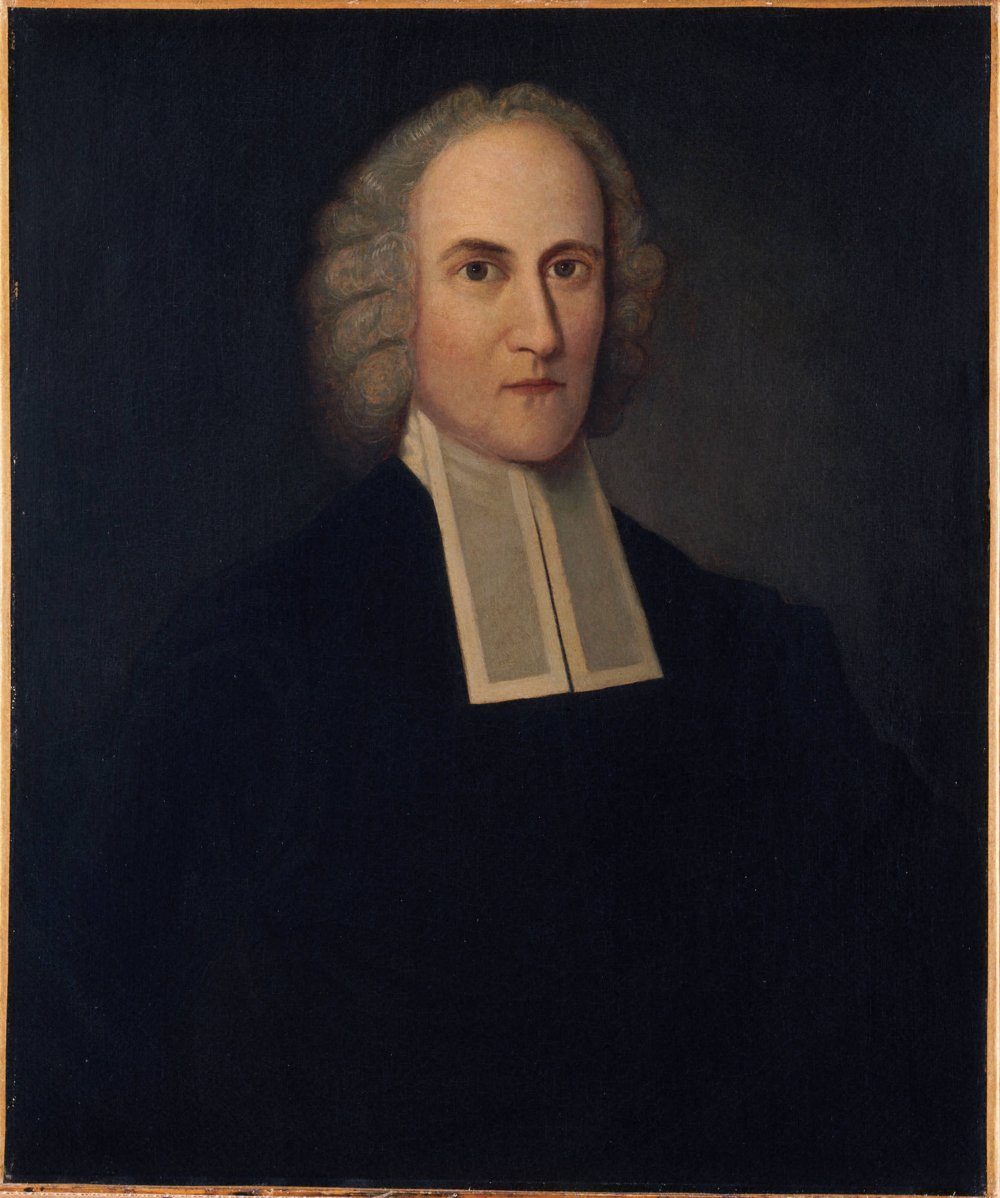 Retrato a óleo de Jonathan Edwards, de peruca clara e colarinho de pastor, sobre fundo escuro