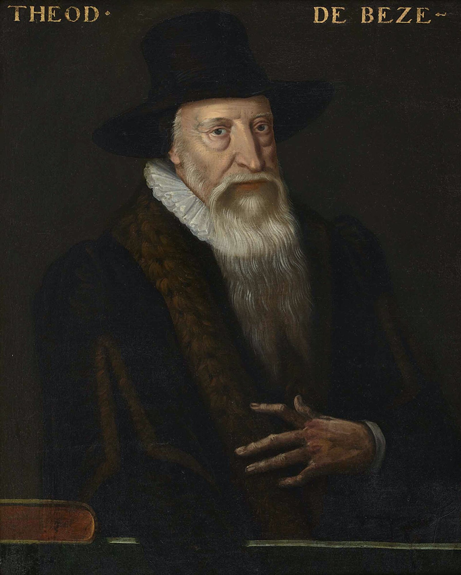Retrato a óleo de Teodoro de Beza, já idoso, de barba branca e gorro escuro