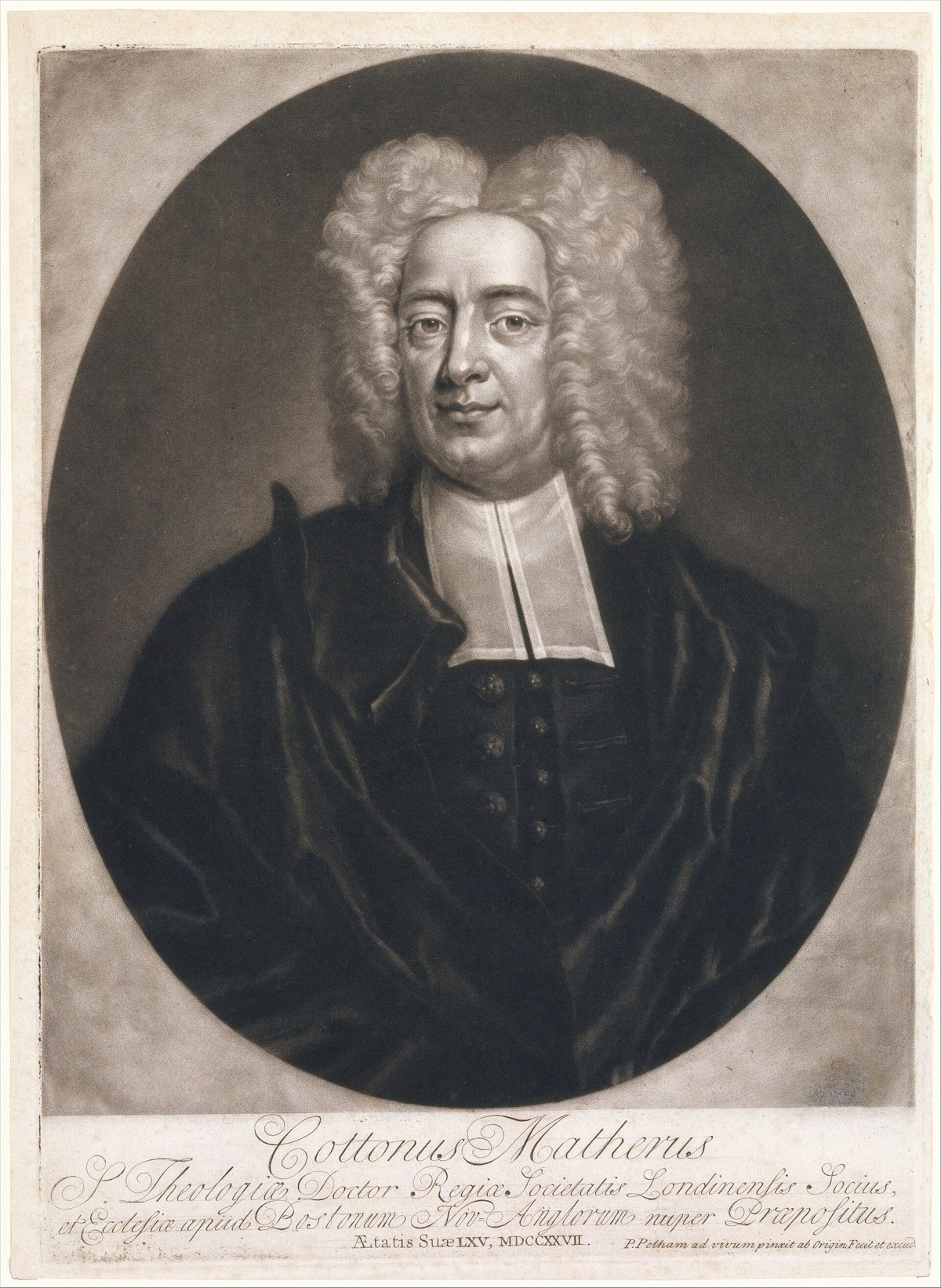 Gravura em metal do retrato de Cotton Mather, pastor puritano de Boston, de peruca e veste clerical