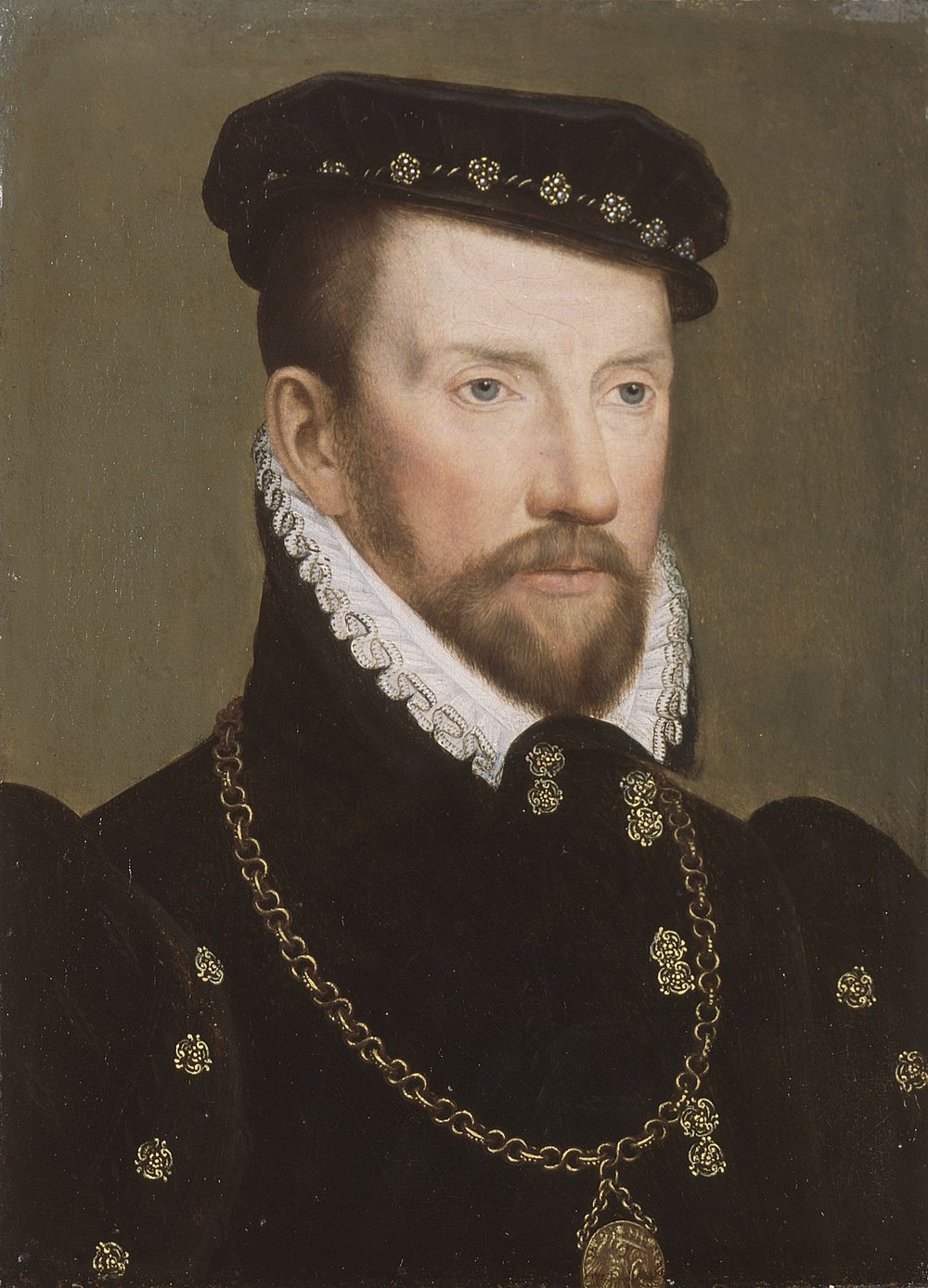 Retrato do almirante Gaspard de Coligny, de barba e vestes escuras, pintado no século XVI