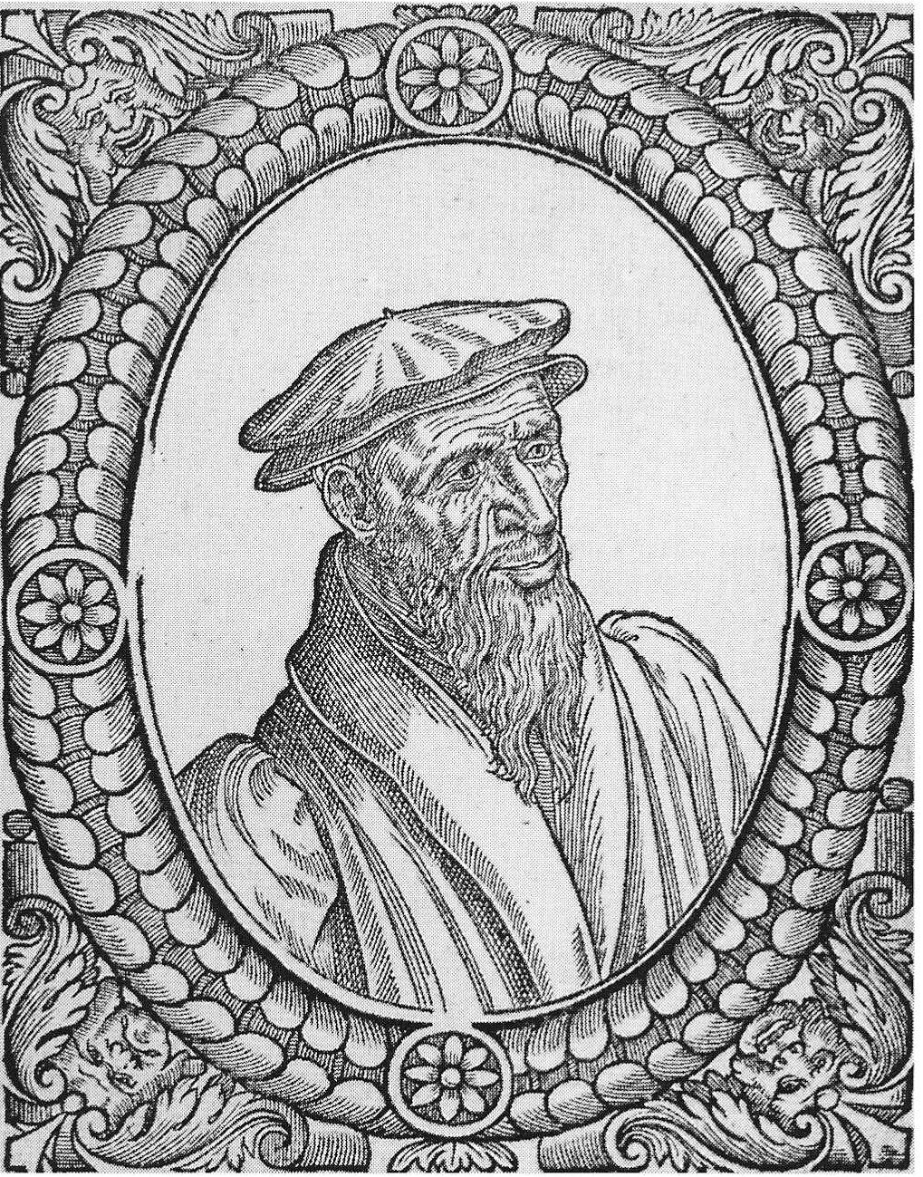 Retrato gravado de Guilherme Farel, de barba comprida e barrete, em meio-corpo