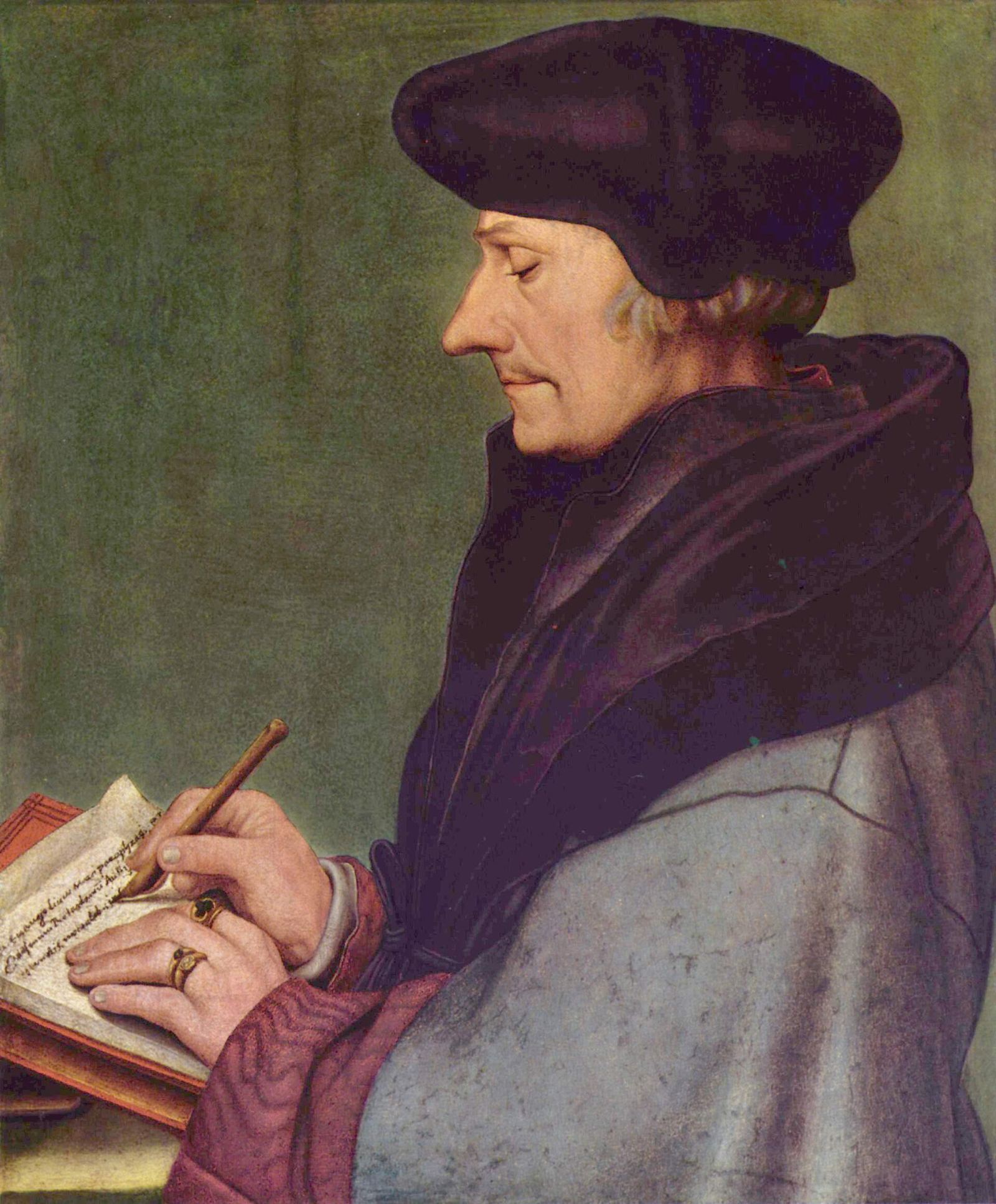 Retrato de Erasmo de Roterdã de perfil, com touca escura, escrevendo sobre uma mesa