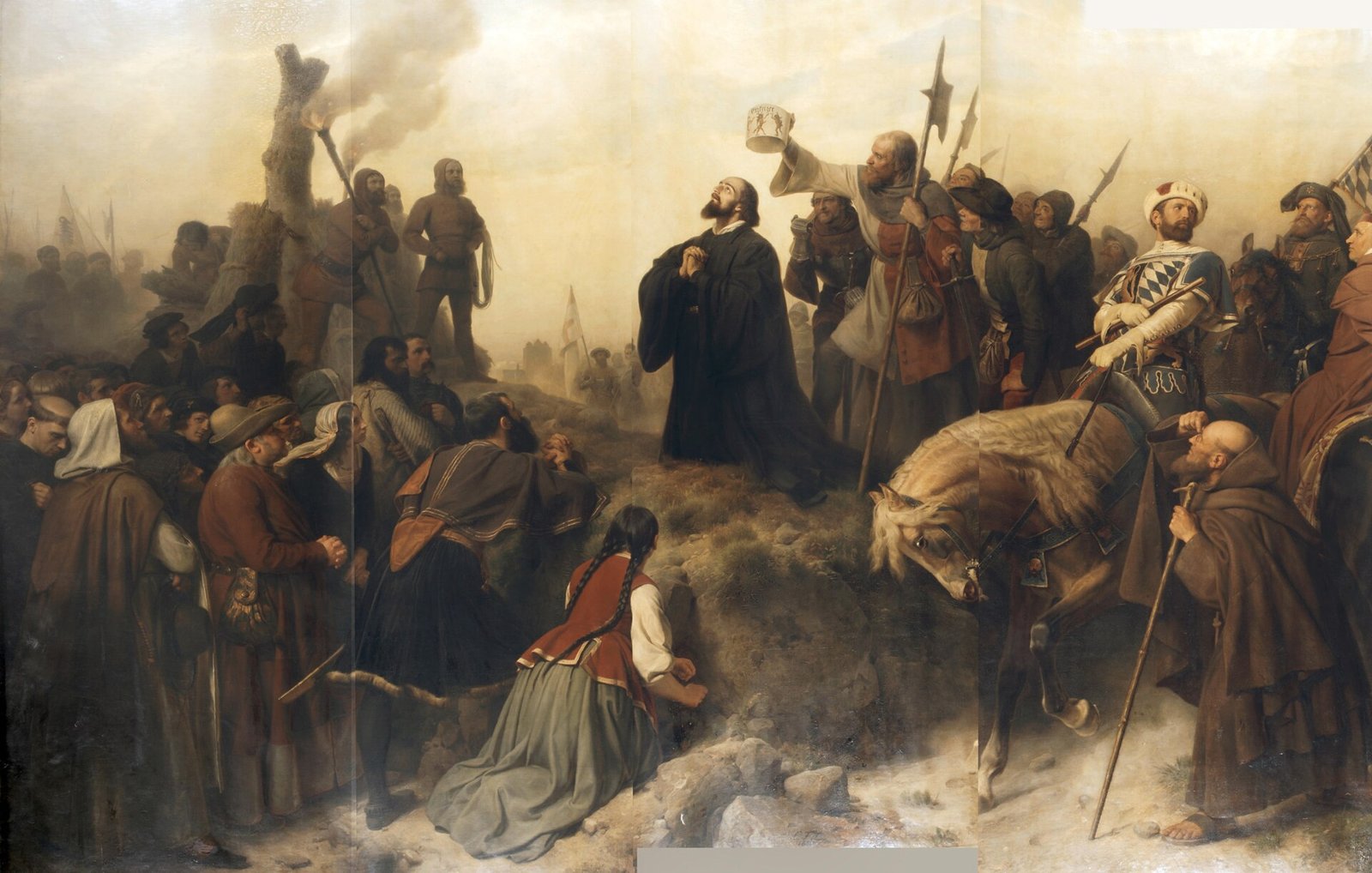 Pintura de Jan Hus de pé diante da fogueira, cercado de soldados e clérigos, em Constança