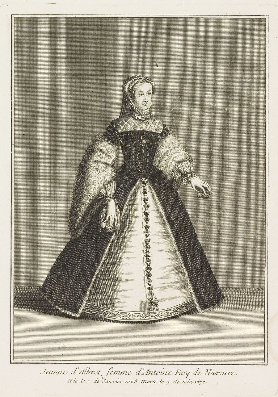 Gravura em preto e branco com o retrato de Joana d'Albret, rainha de Navarra, em trajes de corte, com a legenda gravada embaixo