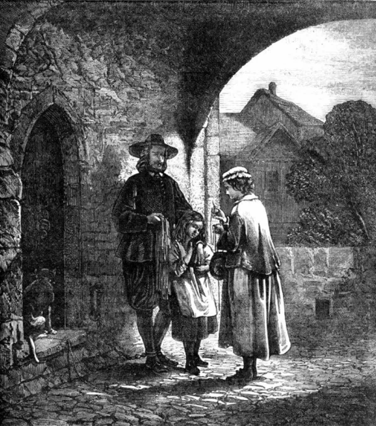 Gravura de John Bunyan com a filha cega diante do portão da prisão de Bedford