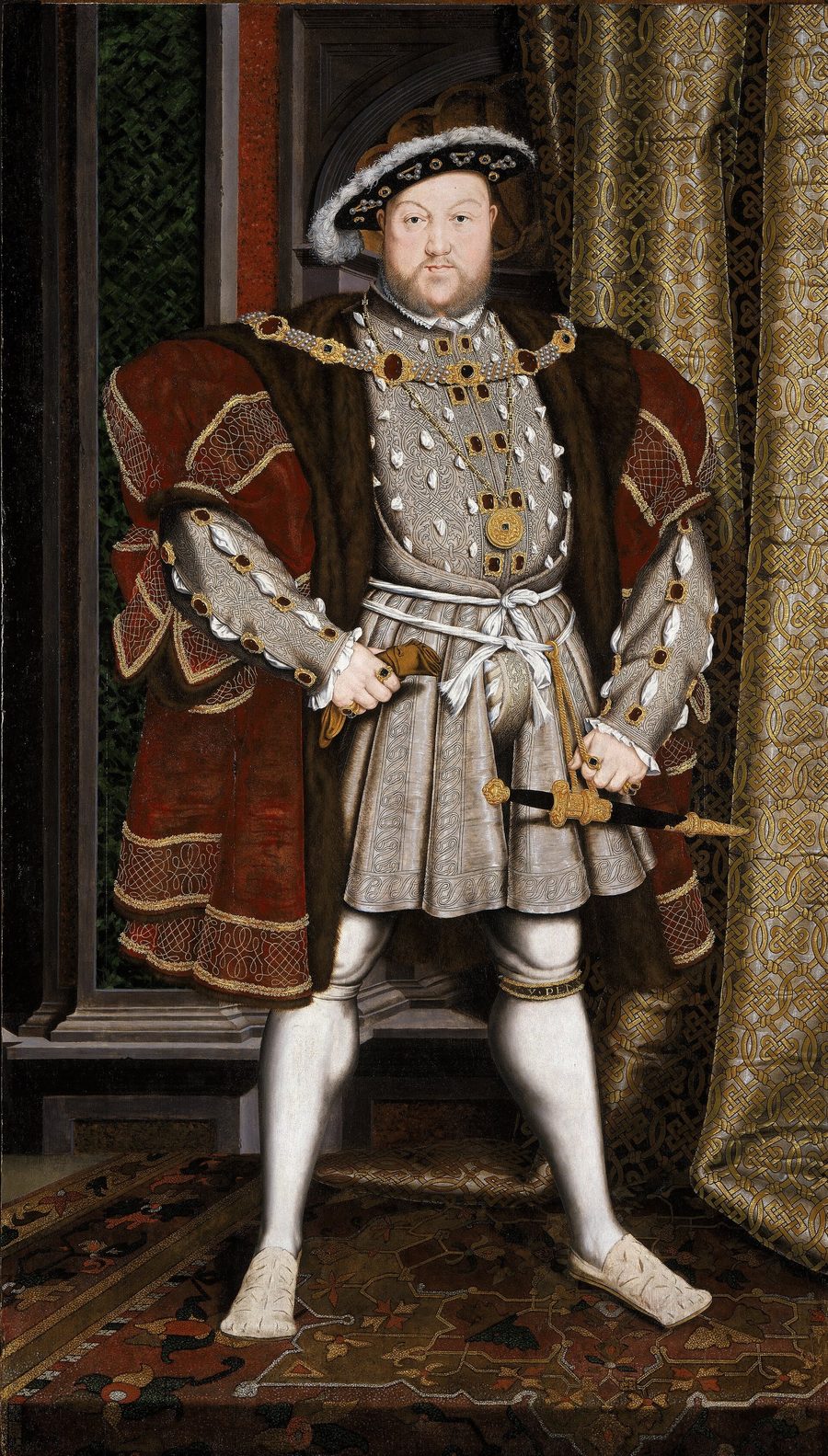 Retrato de Henrique VIII, rei da Inglaterra, em pé, com roupas ricamente bordadas