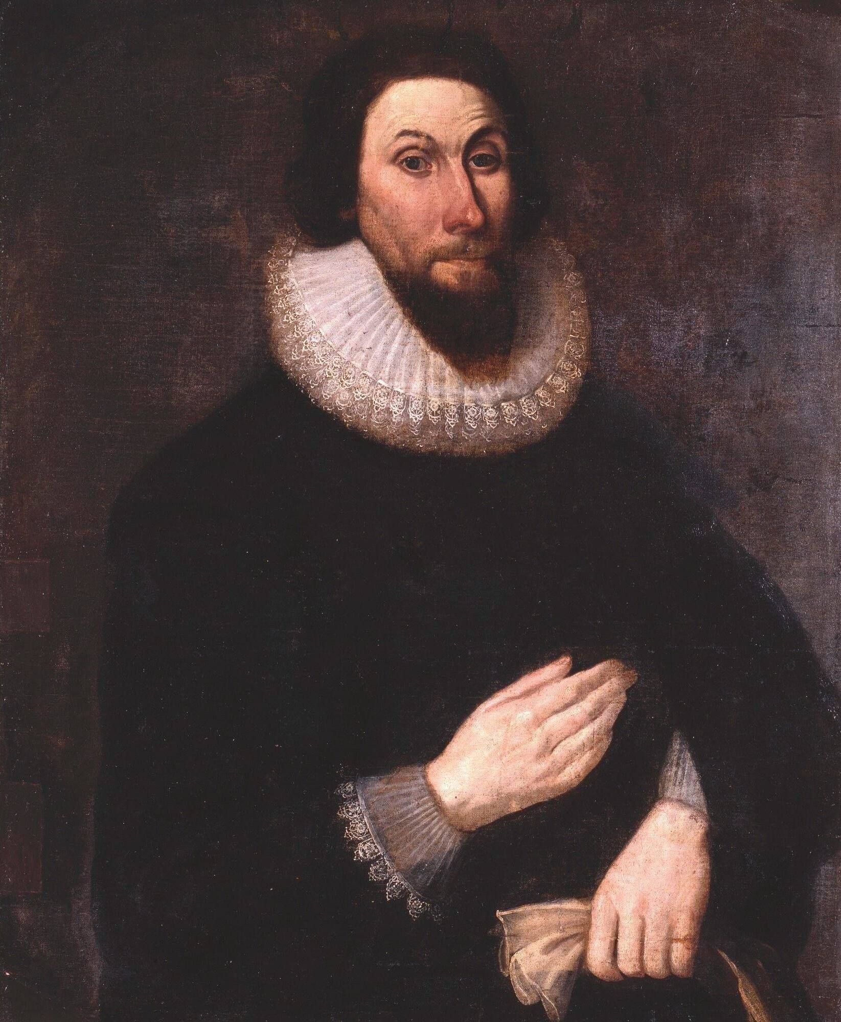 Retrato a óleo de John Winthrop, governador da colônia da Baía de Massachusetts, de roupa escura e colarinho branco