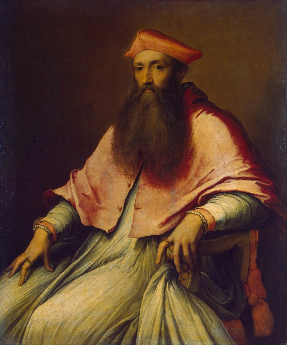 Retrato do cardeal Reginald Pole, de barba grisalha e vestes vermelhas de cardeal, pintado por Sebastiano del Piombo
