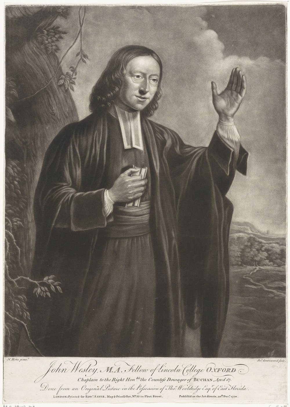 Gravura em meio-tom de John Wesley aos 67 anos, de beca clerical, com um livro junto ao peito e a mão direita erguida, diante de uma árvore e de uma paisagem aberta