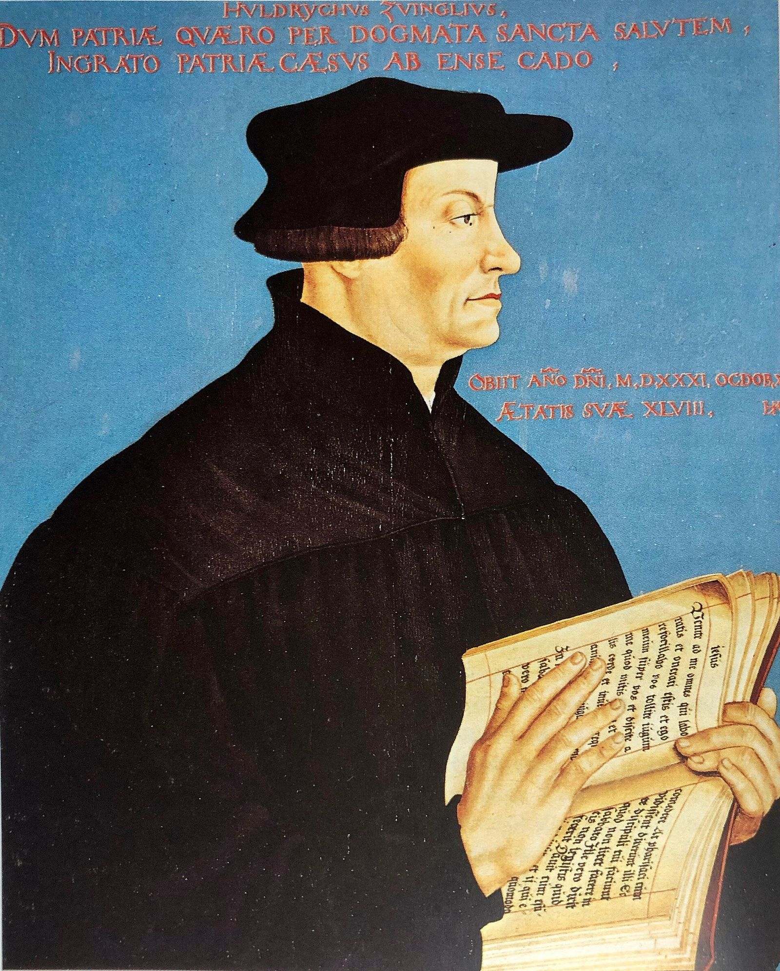 Retrato de Ulrico Zuínglio, de perfil, com barrete e roupas escuras de pastor